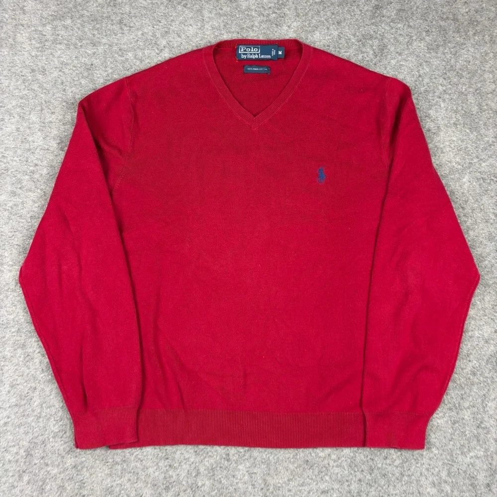 Polo Ralph Lauren V-Neck Sweater Mens Medium Red Pima Cotton Old Money Golf